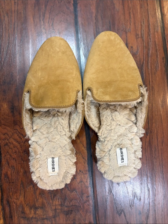 Birdies Shoes - Birdies Tan Suede Faux-Fur Mule Slippers
